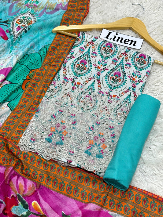 Linen Emb Daman Boring 3pc D-07